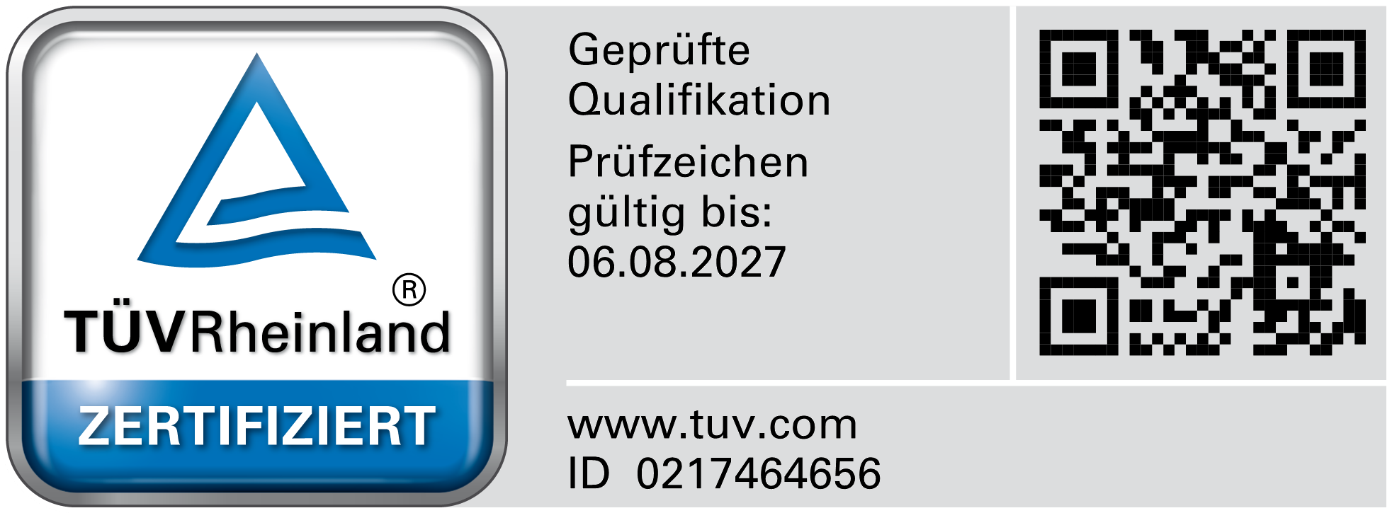 TÜV Rheinland · Zertifizierter KI-Berater · gültig bis 06.08.2027 · ID 0217464656